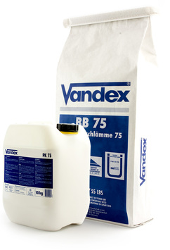 A 25kg of Vandex BB75 Tanking waterproofing slurry next to a container of Vandex PK75