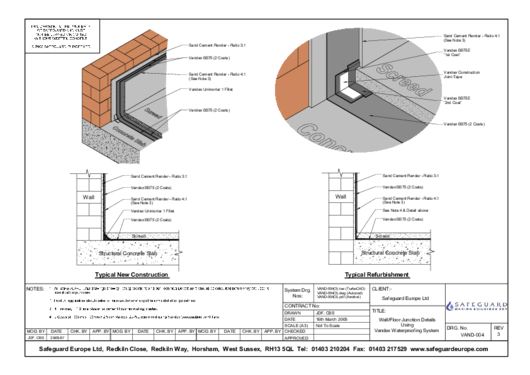 Details showing Vandex BB75 application to walls and floors